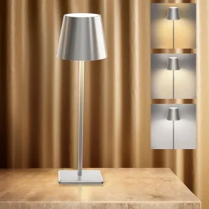 Cordless Table Lamp, 5200mAh Battery Operated Lamp, Outdoor Table Lamps IP54 Waterproof, 3 Color Stepless Dimming Desk Lamp for Restaurant/Bedroom/Bars/Outdoor/Cafe Night Light(Silver-1)