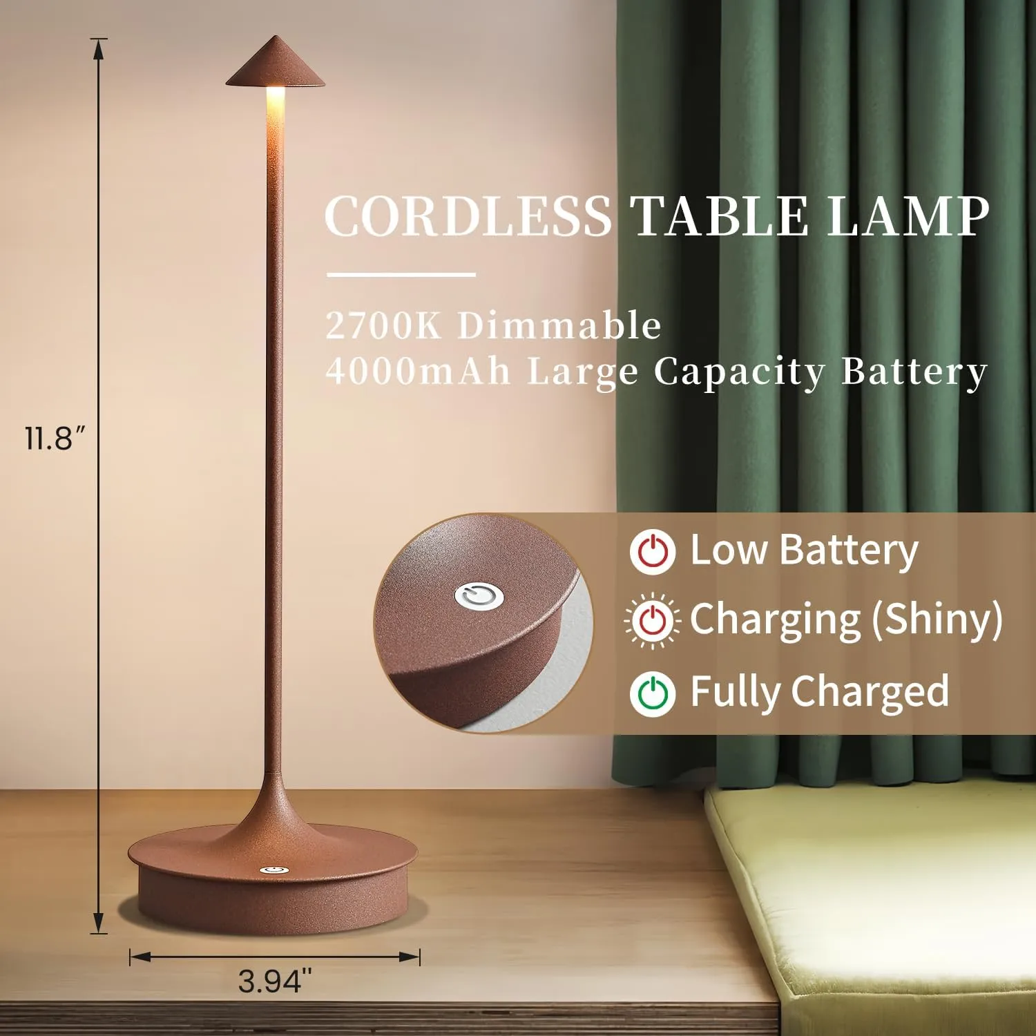 Cordless Table Lamp Rechargeable LED Battery Operated 4000mAh Table Lamp Touch Dimmable Lamp Outdoor Waterproof Portable Wireless Table Light for Dining Restaurant Bar Indoor/Outdoor Use (Brown-2PC)