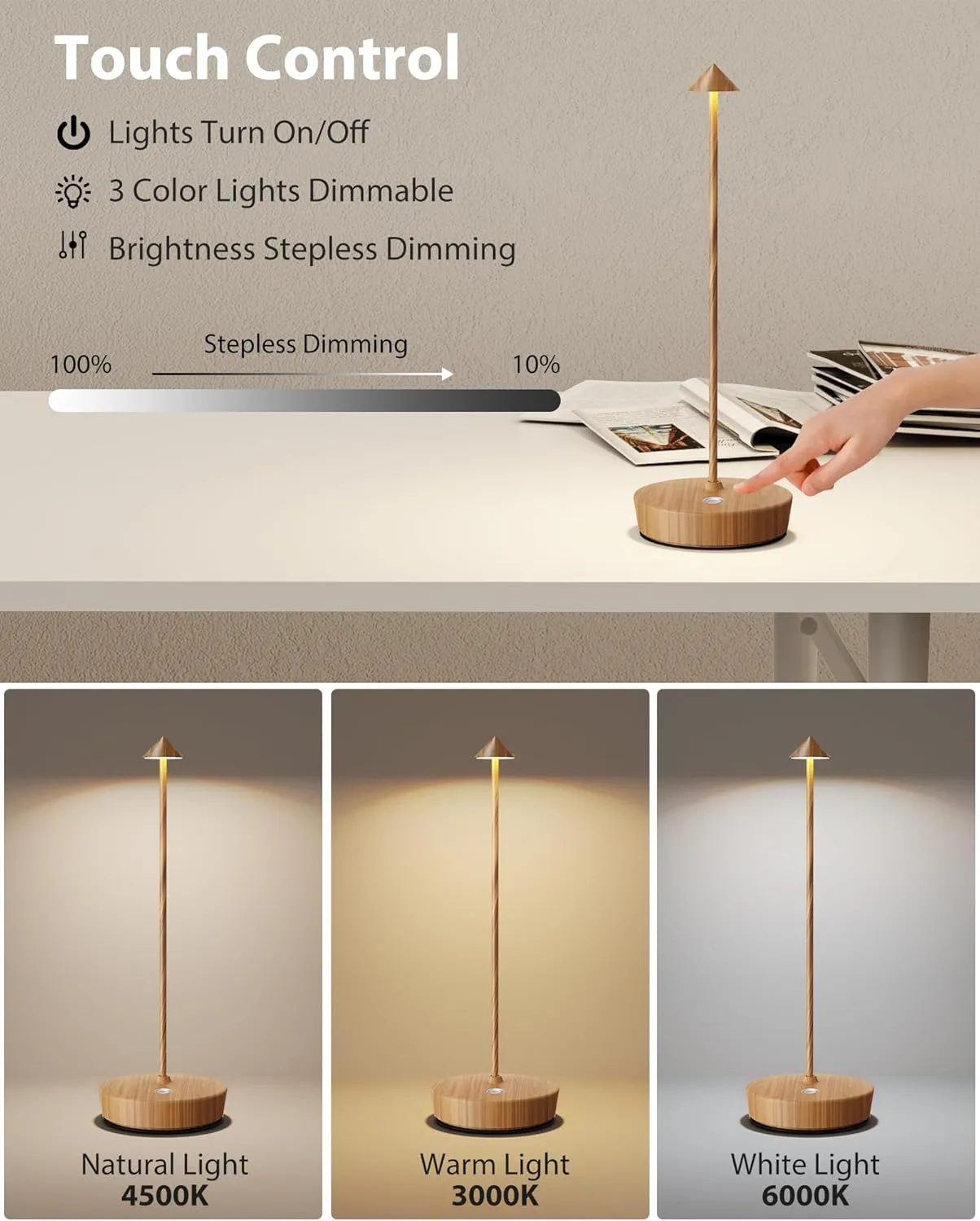 Cordless Table Lamps Rechargeable, 6000mAh Battery Operated LED Desk Lamp Outdoor Waterproof Portable Touch Dimmable Table Light for Patio Restaurant Dining Home Set of 2 Wooden