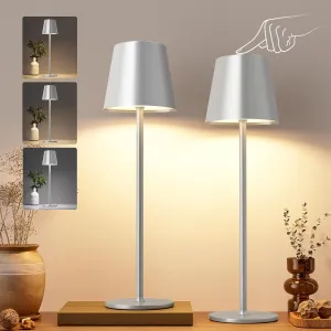 Cordless Table Lamps Set of 2, Portable LED Desk Lamp, Battery Operated Lamp, Wireless Rechargeable Lamp, 3 Color Stepless Small Table Lamp for Restaurant, Party, Camping and Bedroom - Silver Gray