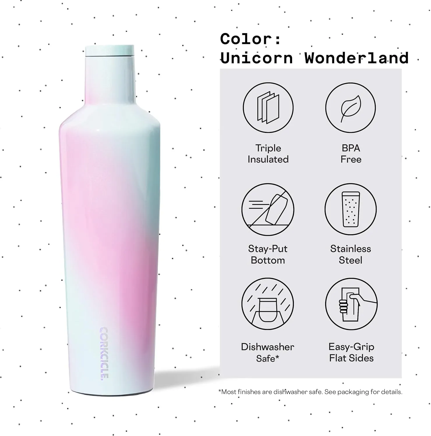 Corkcicle Insulated Canteen, Unicorn Wonderland, 25 oz – Cupholder Friendly Water Bottle with Screw-On Cap Keeps Drinks Cold for 25hrs, Hot 12hrs