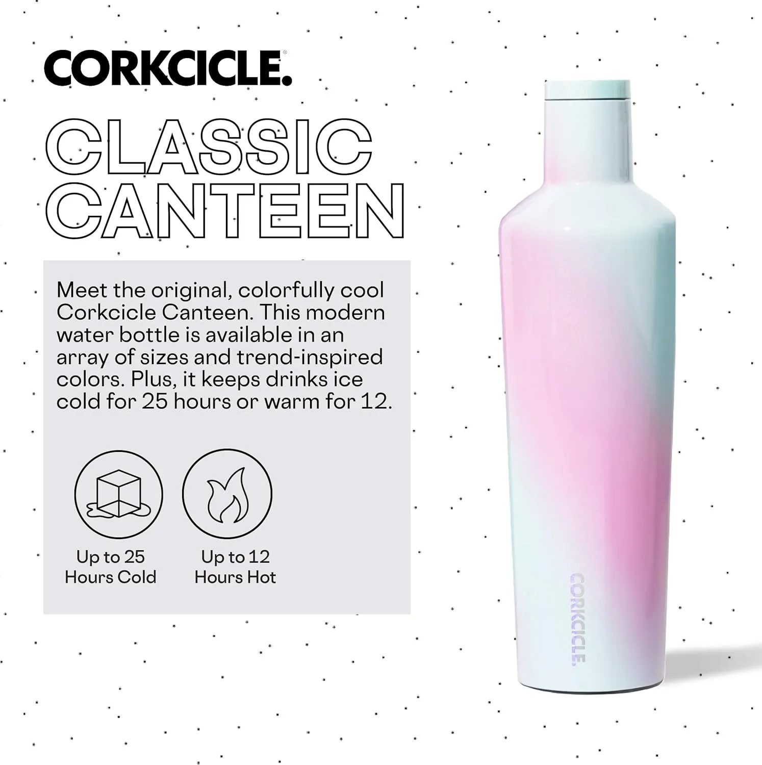 Corkcicle Insulated Canteen, Unicorn Wonderland, 25 oz – Cupholder Friendly Water Bottle with Screw-On Cap Keeps Drinks Cold for 25hrs, Hot 12hrs