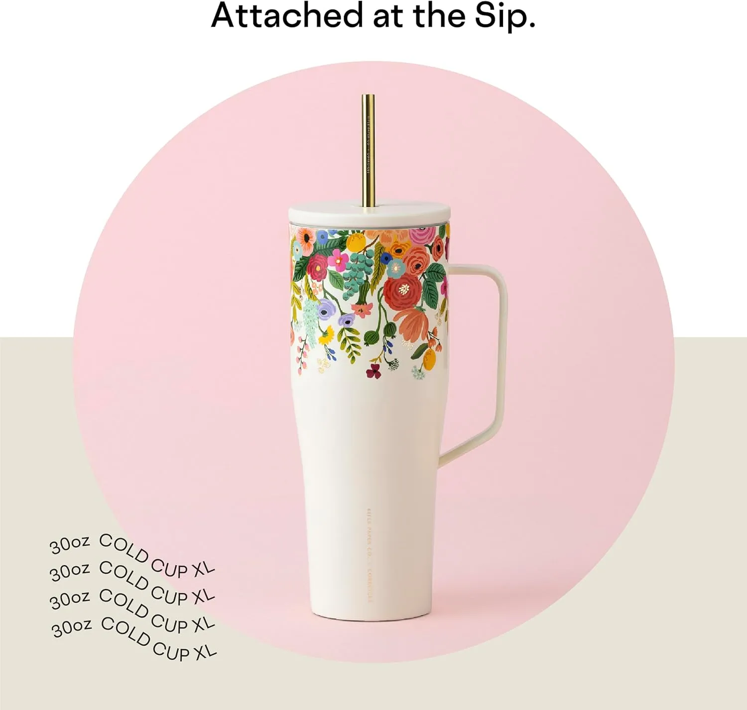 Corkcicle Rifle Paper 30oz Tumbler With Handle, Garden Cream Floral, Reusable Water Bottle, Triple Insulated Stainless Steel Travel Mug, BPA Free, Cold 12 Hours, Tumbler with Lid and Straw