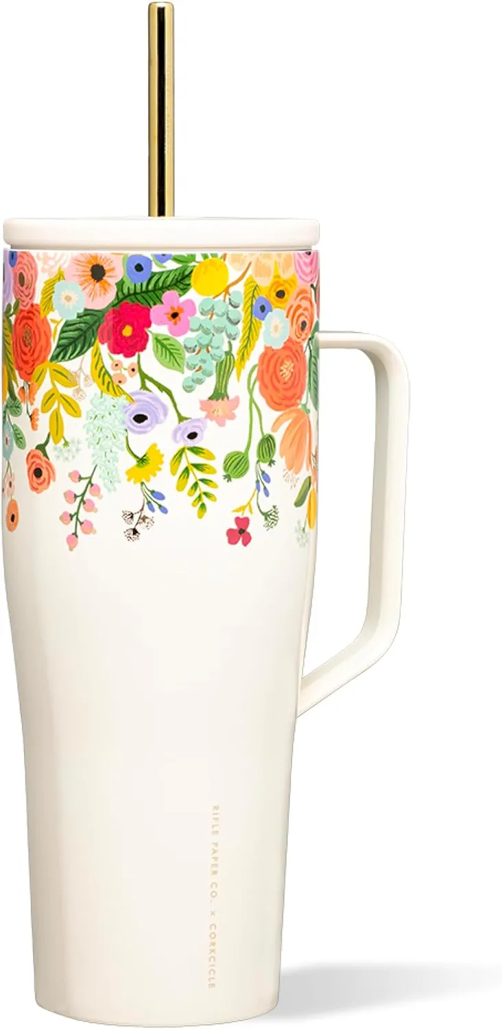 Corkcicle Rifle Paper 30oz Tumbler With Handle, Garden Cream Floral, Reusable Water Bottle, Triple Insulated Stainless Steel Travel Mug, BPA Free, Cold 12 Hours, Tumbler with Lid and Straw