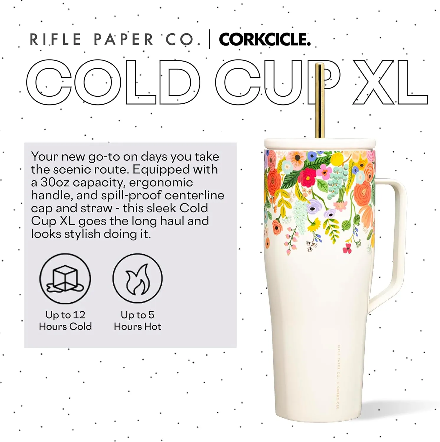 Corkcicle Rifle Paper 30oz Tumbler With Handle, Garden Cream Floral, Reusable Water Bottle, Triple Insulated Stainless Steel Travel Mug, BPA Free, Cold 12 Hours, Tumbler with Lid and Straw