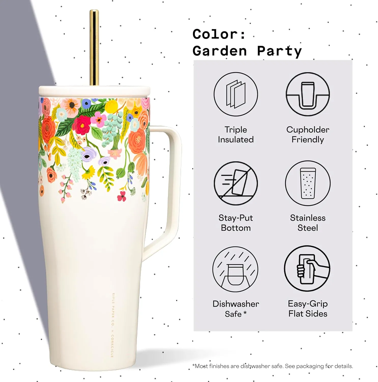 Corkcicle Rifle Paper 30oz Tumbler With Handle, Garden Cream Floral, Reusable Water Bottle, Triple Insulated Stainless Steel Travel Mug, BPA Free, Cold 12 Hours, Tumbler with Lid and Straw