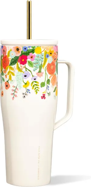 Corkcicle Rifle Paper 30oz Tumbler With Handle, Garden Cream Floral, Reusable Water Bottle, Triple Insulated Stainless Steel Travel Mug, BPA Free, Cold 12 Hours, Tumbler with Lid and Straw