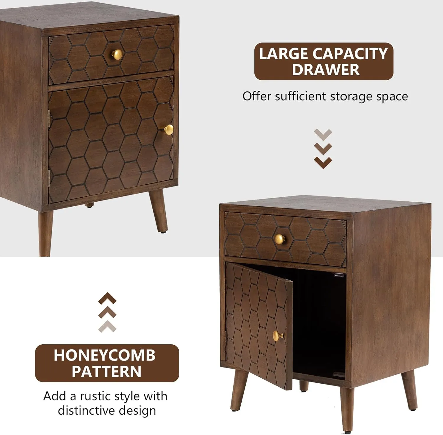 COSIEST Mid-Century Nightstand w Storage Drawer, End Table w Honeycomb Pattern, Small Vintage Bedside End Table for Bedroom, Living Room
