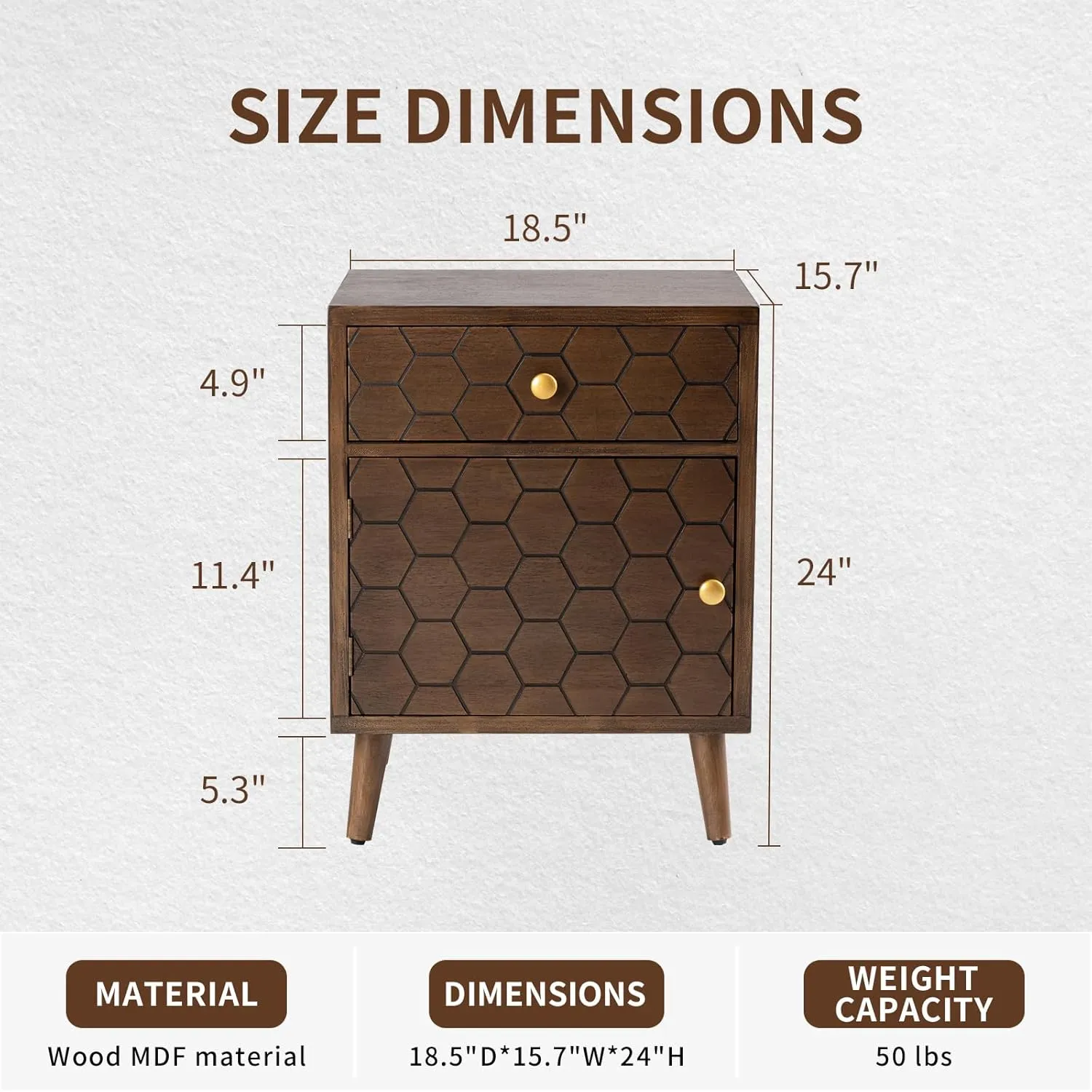 COSIEST Mid-Century Nightstand w Storage Drawer, End Table w Honeycomb Pattern, Small Vintage Bedside End Table for Bedroom, Living Room