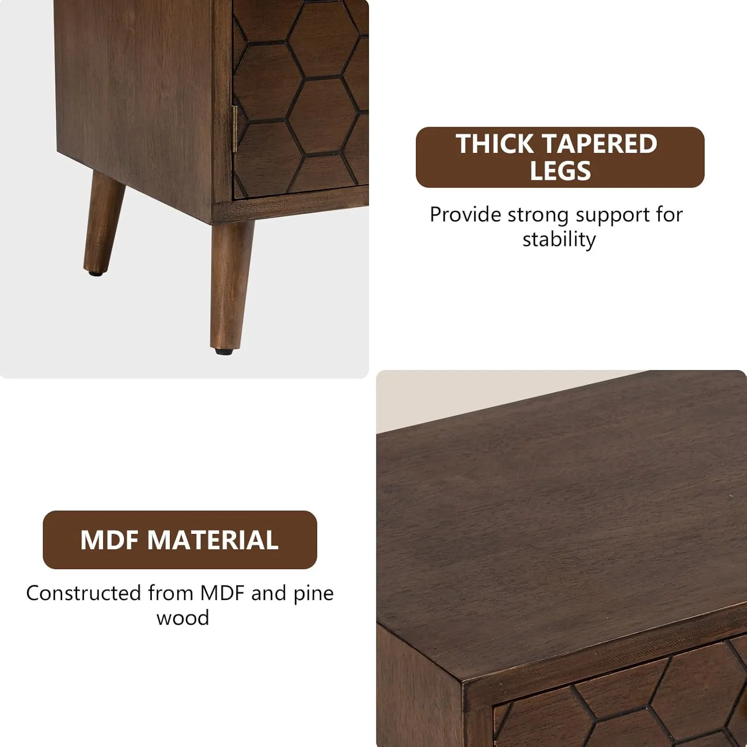 COSIEST Mid-Century Nightstand w Storage Drawer, End Table w Honeycomb Pattern, Small Vintage Bedside End Table for Bedroom, Living Room