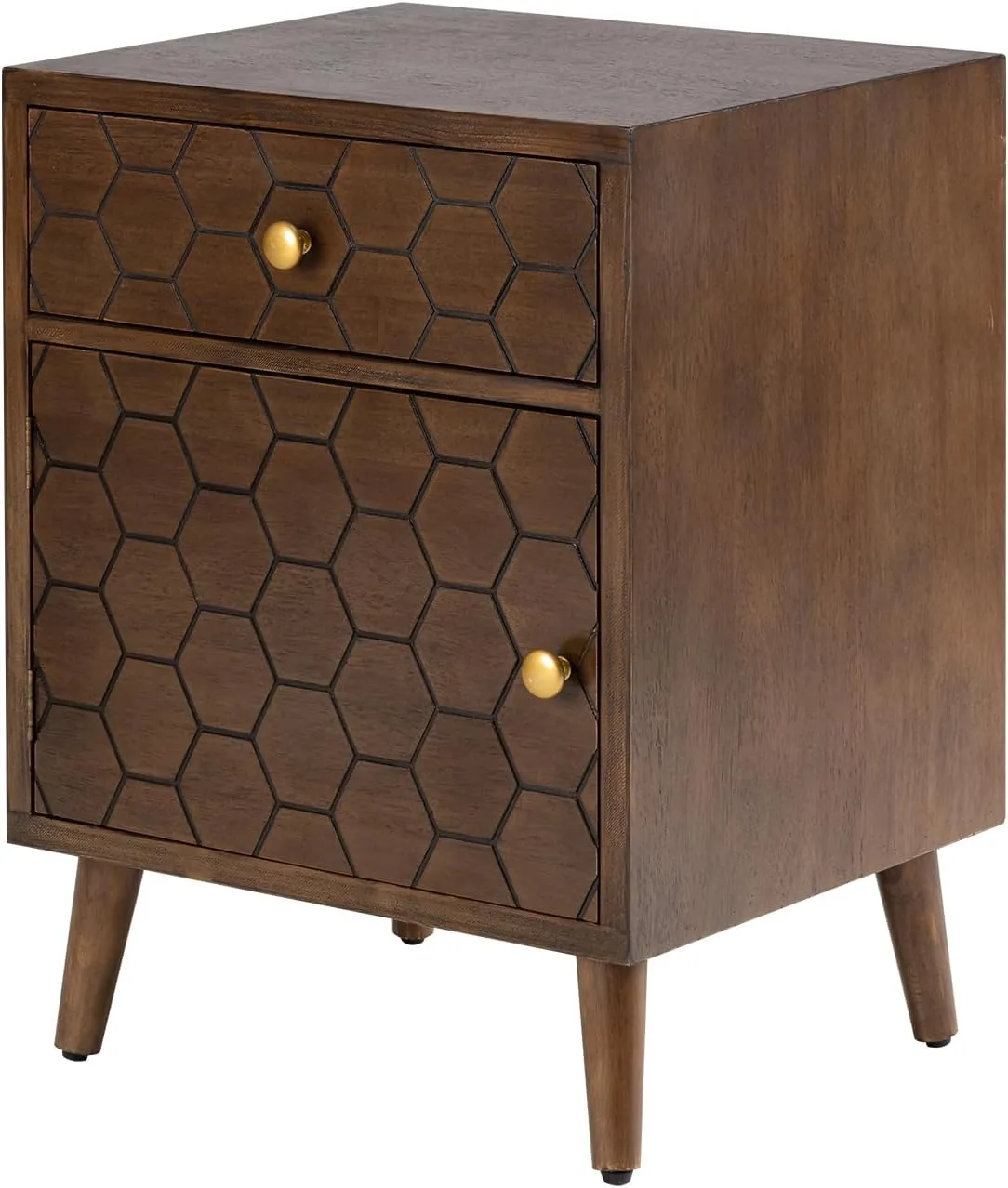 COSIEST Mid-Century Nightstand w Storage Drawer, End Table w Honeycomb Pattern, Small Vintage Bedside End Table for Bedroom, Living Room