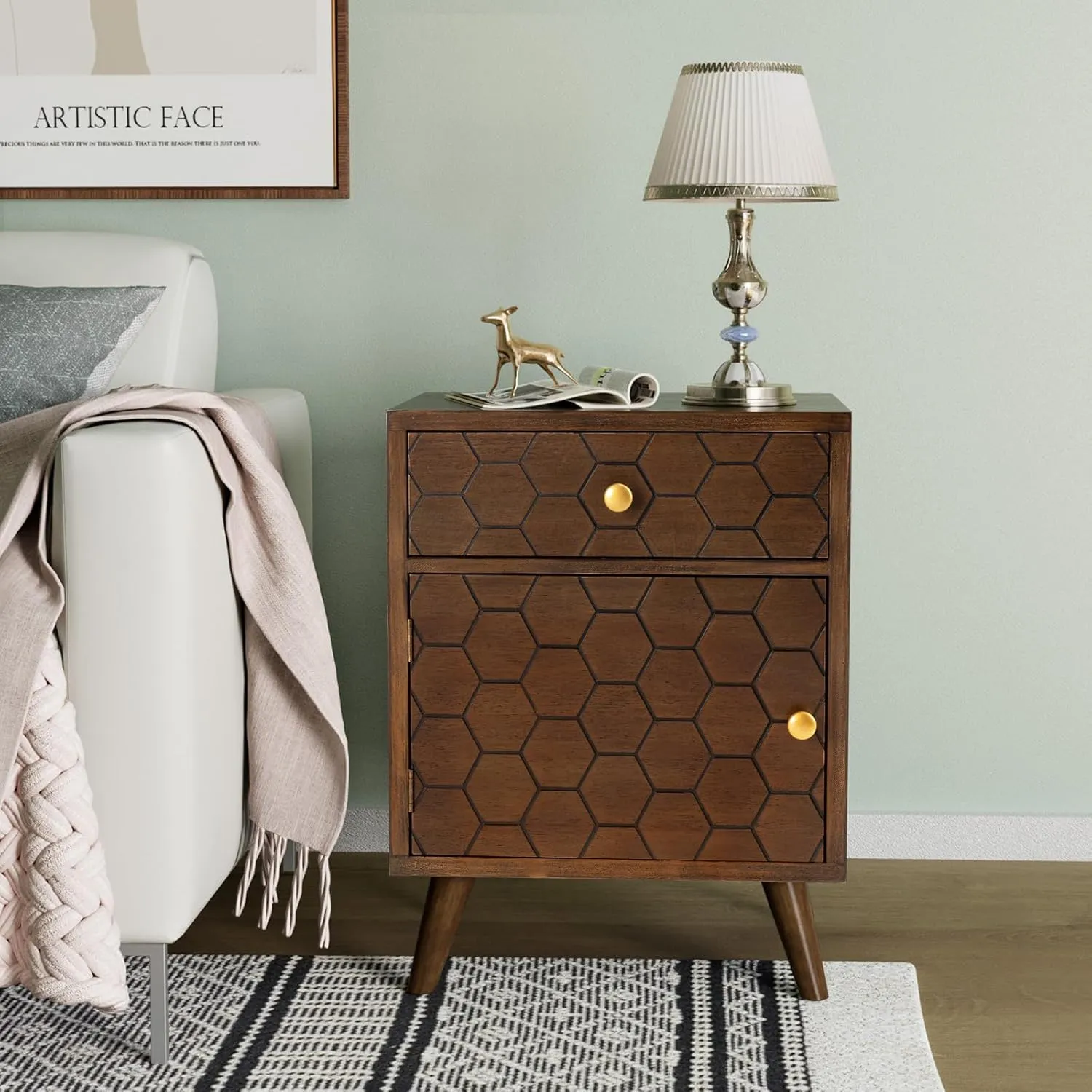 COSIEST Mid-Century Nightstand w Storage Drawer, End Table w Honeycomb Pattern, Small Vintage Bedside End Table for Bedroom, Living Room