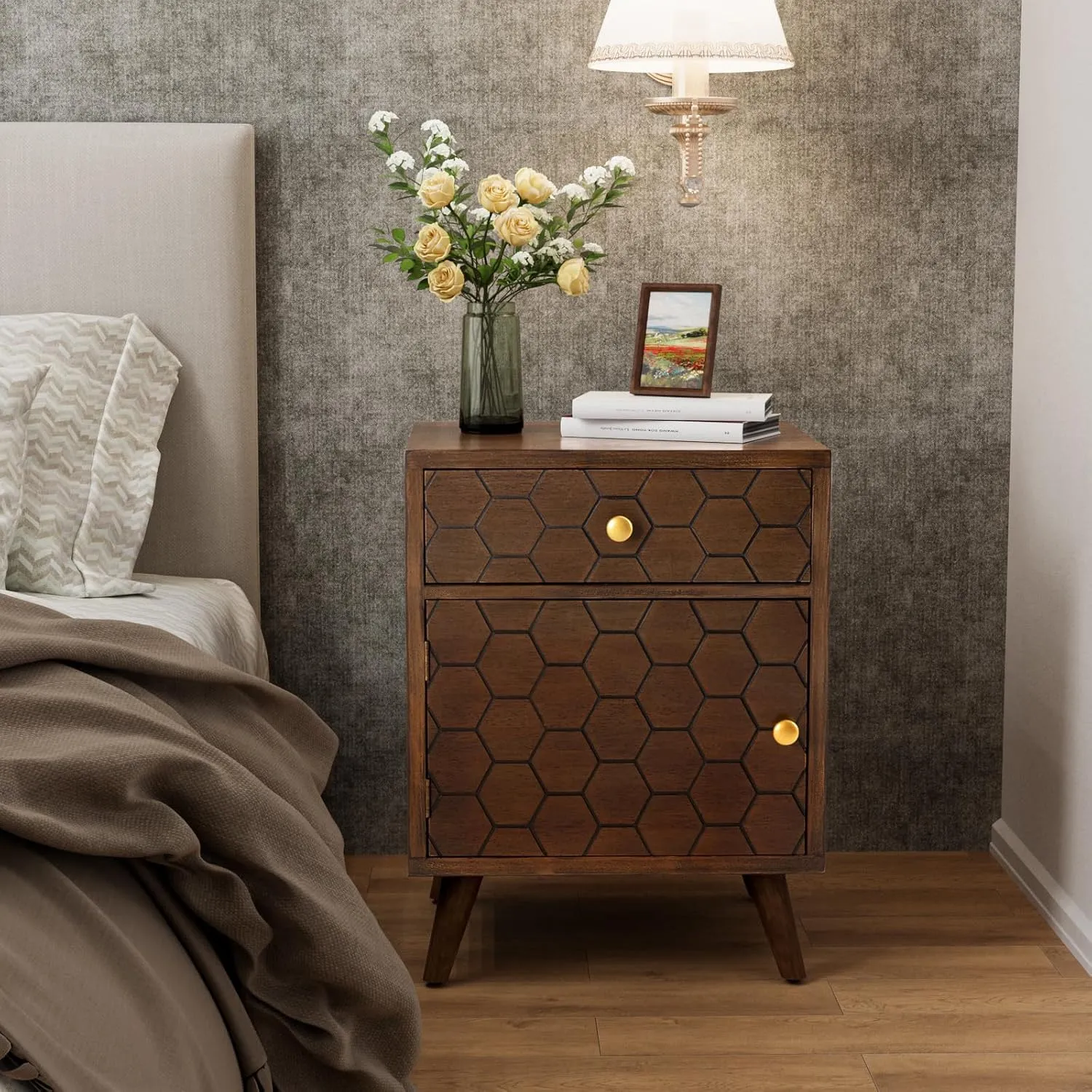 COSIEST Mid-Century Nightstand w Storage Drawer, End Table w Honeycomb Pattern, Small Vintage Bedside End Table for Bedroom, Living Room