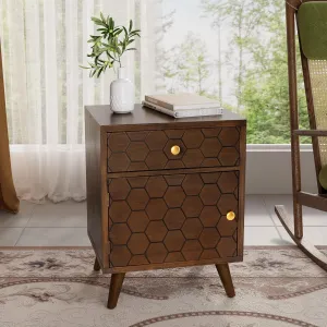 COSIEST Mid-Century Nightstand w Storage Drawer, End Table w Honeycomb Pattern, Small Vintage Bedside End Table for Bedroom, Living Room