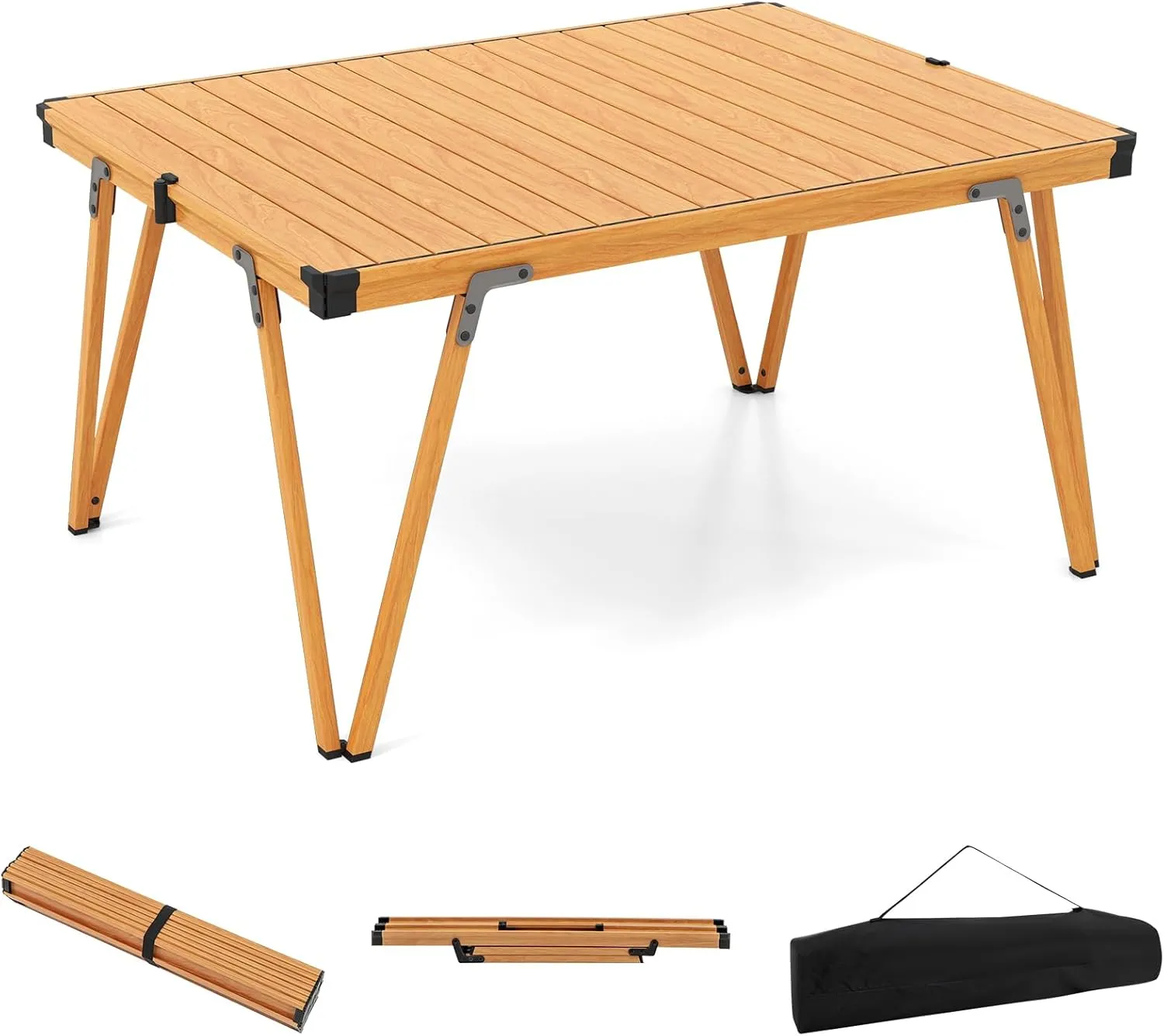 COSTWAY Folding Low Picnic Table, Portable Camping Table with Storage Bag, Lightweight Aluminum Foldable Roll-Up Table 3FT, Outdoor Camp Table for Party, Tailgating, Beach & Backyard (Brown)