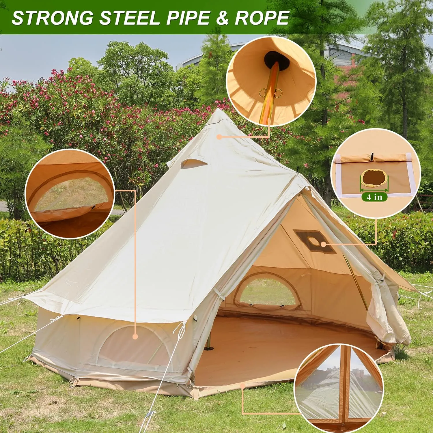 Cotton Canvas Bell Tent, Luxury Glamping Tent, Yurt Tents for All Year Living, Waterproof Bell Tent for 4/8/10/12 Person Family Camping Outdoor Hunting Christmas Party in 4 Seasons