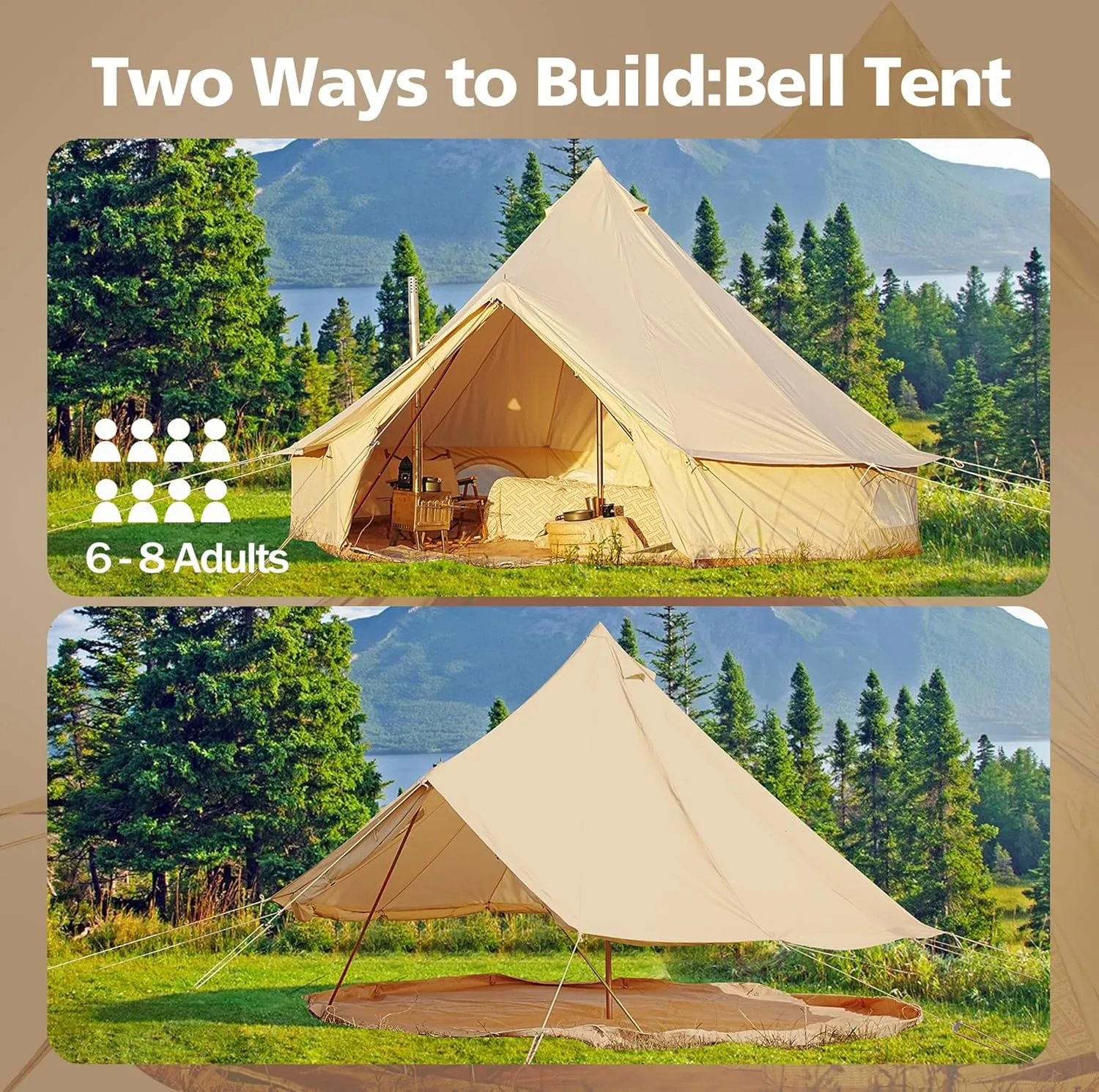 Cotton Canvas Bell Tent, Waterproof Large Tents with Sturdy Center & Door Pole and Space for 4/6/8 Person All 4 Season Camping Yurt Tent