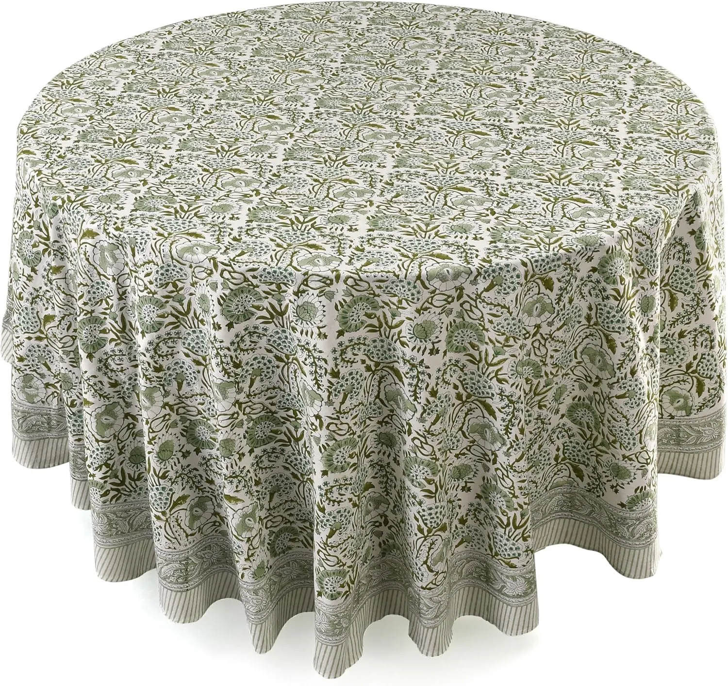 CPC Round Tablecloth- Cotton Indian Block Print Tablecloth -Handmade Printed Washable Cotton Table Cloth - Spring/Summer, Weding Table Cover - Agate Green 110 Inch