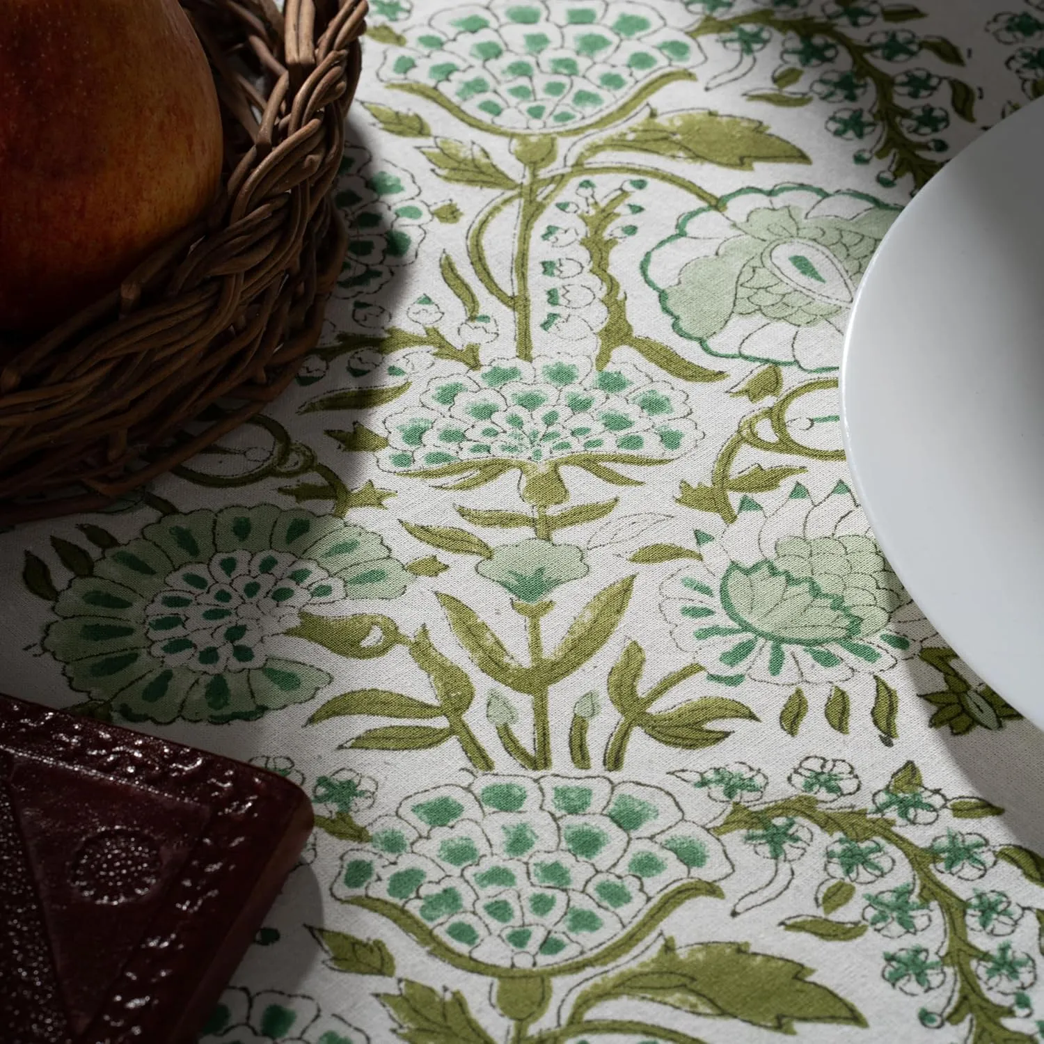 CPC Round Tablecloth- Cotton Indian Block Print Tablecloth -Handmade Printed Washable Cotton Table Cloth - Spring/Summer, Weding Table Cover - Agate Green 110 Inch