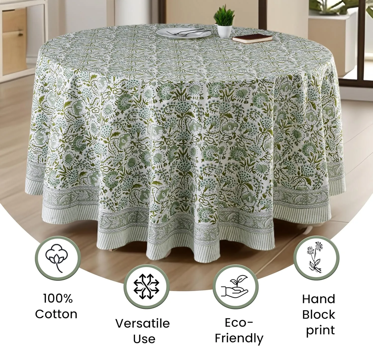 CPC Round Tablecloth- Cotton Indian Block Print Tablecloth -Handmade Printed Washable Cotton Table Cloth - Spring/Summer, Weding Table Cover - Agate Green 110 Inch