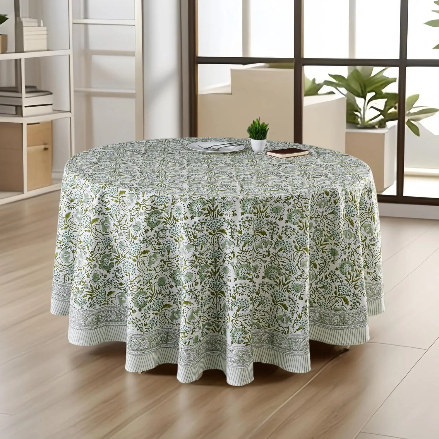 CPC Round Tablecloth- Cotton Indian Block Print Tablecloth -Handmade Printed Washable Cotton Table Cloth - Spring/Summer, Weding Table Cover - Agate Green 110 Inch