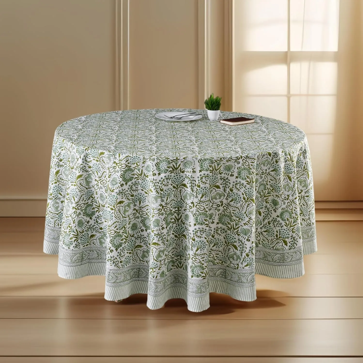 CPC Round Tablecloth- Cotton Indian Block Print Tablecloth -Handmade Printed Washable Cotton Table Cloth - Spring/Summer, Weding Table Cover - Agate Green 110 Inch