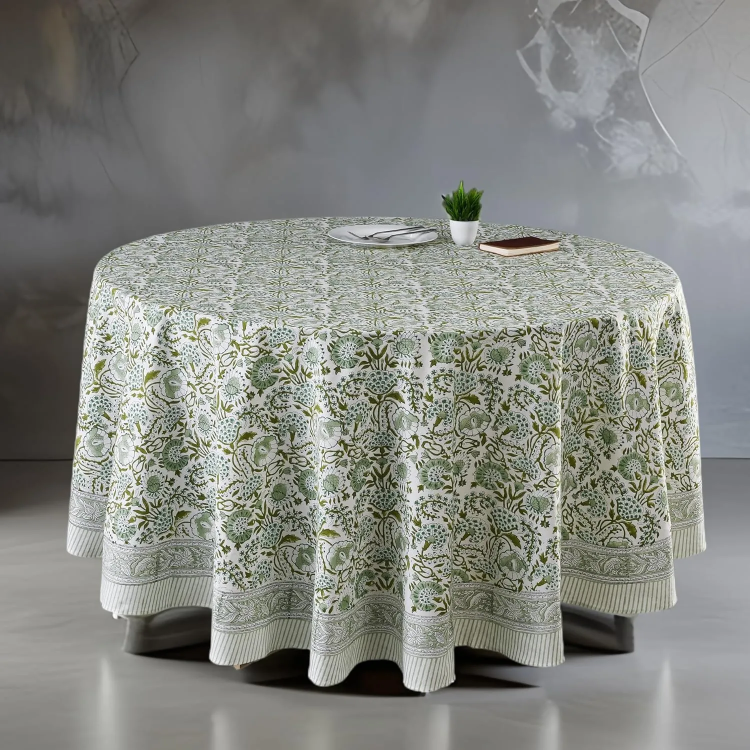 CPC Round Tablecloth- Cotton Indian Block Print Tablecloth -Handmade Printed Washable Cotton Table Cloth - Spring/Summer, Weding Table Cover - Agate Green 110 Inch