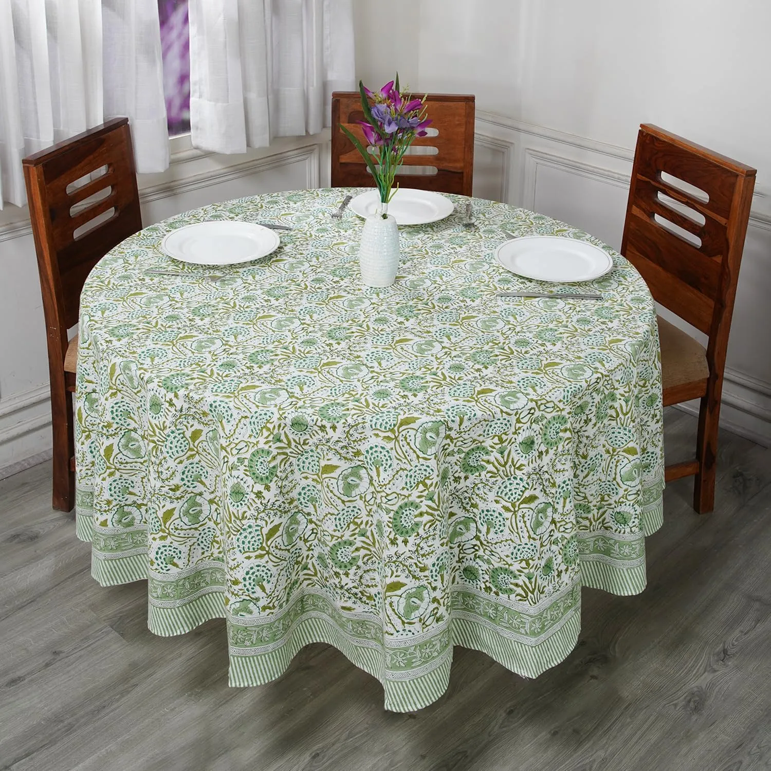 CPC Round Tablecloth- Cotton Indian Block Print Tablecloth -Handmade Printed Washable Cotton Table Cloth - Spring/Summer, Weding Table Cover - Agate Green 110 Inch