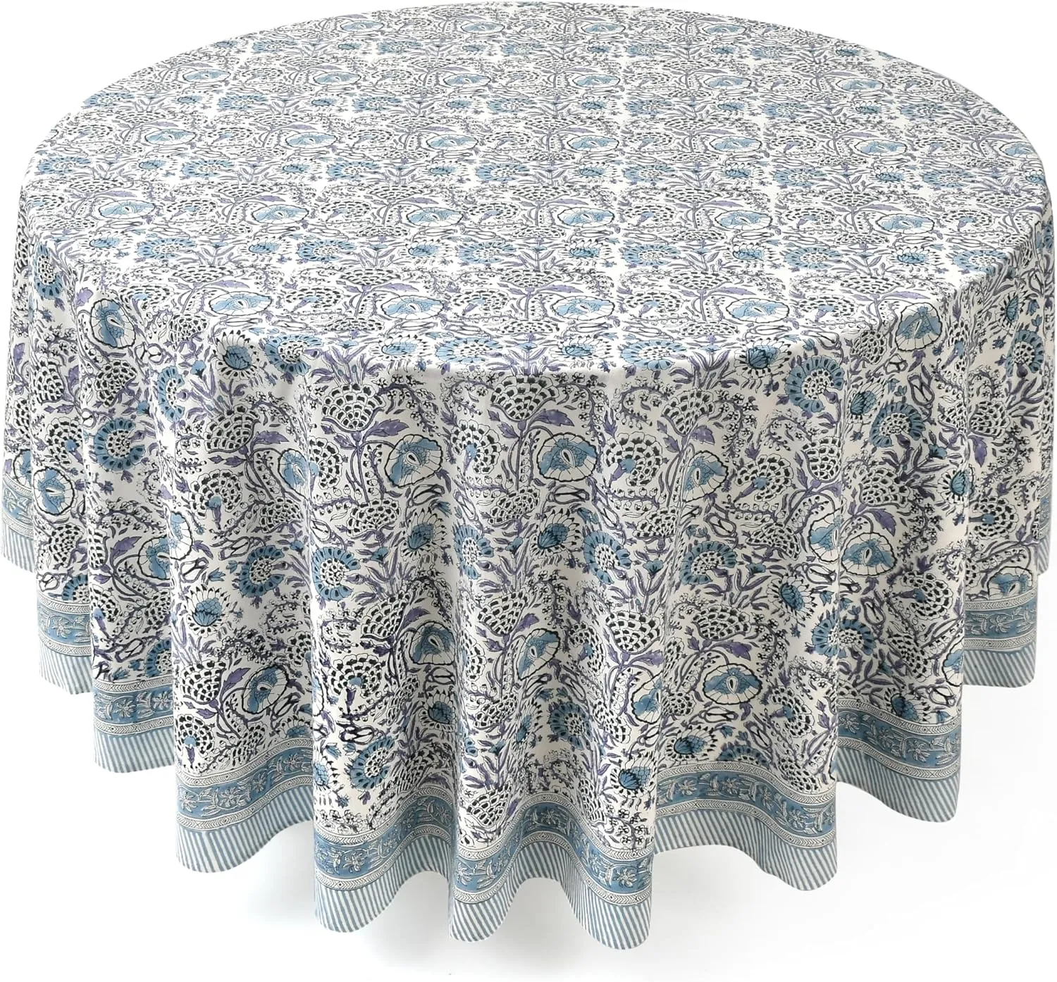 CPC Round Tablecloth- Cotton Indian Block Print Tablecloth -Handmade Printed Washable Cotton Table Cloth - Spring/Summer, Weding Table Cover - Indigo Blue 110 Inch