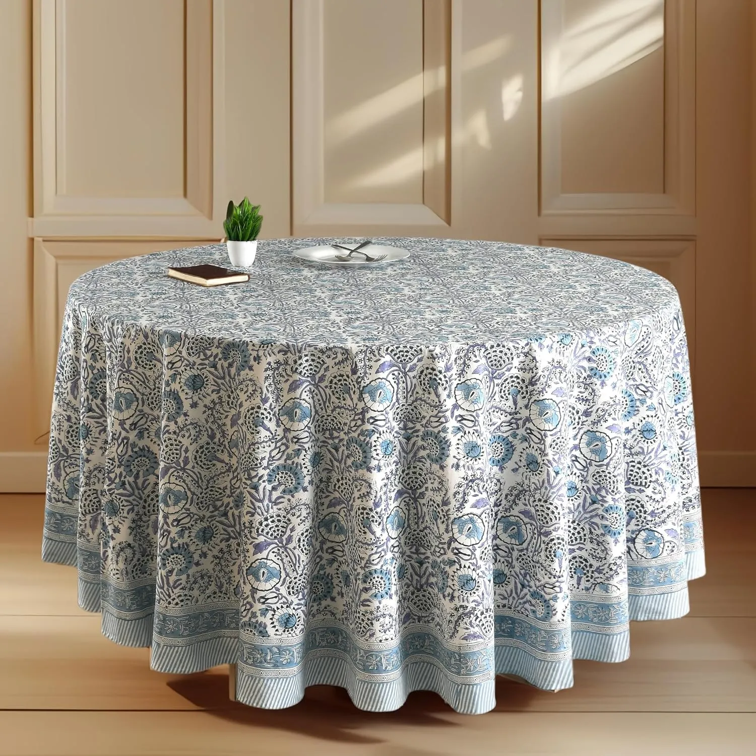 CPC Round Tablecloth- Cotton Indian Block Print Tablecloth -Handmade Printed Washable Cotton Table Cloth - Spring/Summer, Weding Table Cover - Indigo Blue 110 Inch