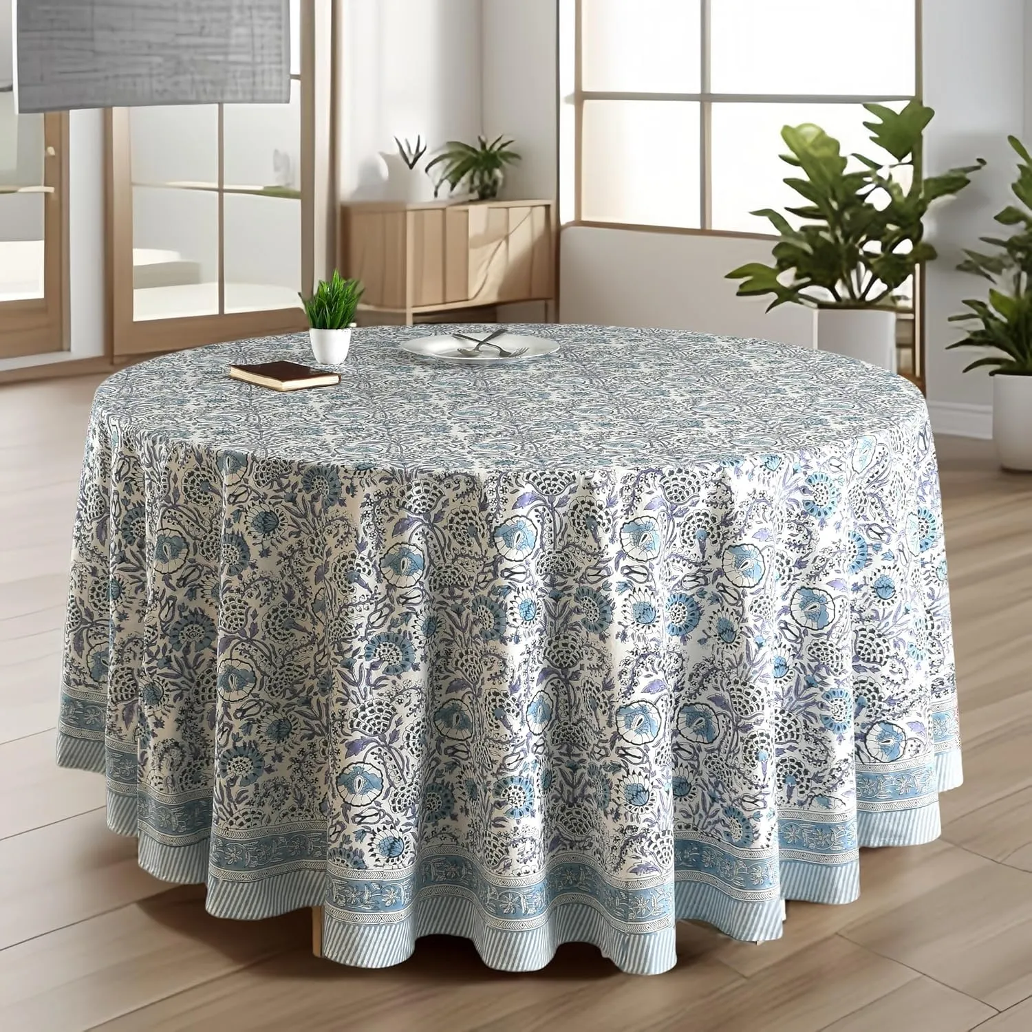 CPC Round Tablecloth- Cotton Indian Block Print Tablecloth -Handmade Printed Washable Cotton Table Cloth - Spring/Summer, Weding Table Cover - Indigo Blue 110 Inch