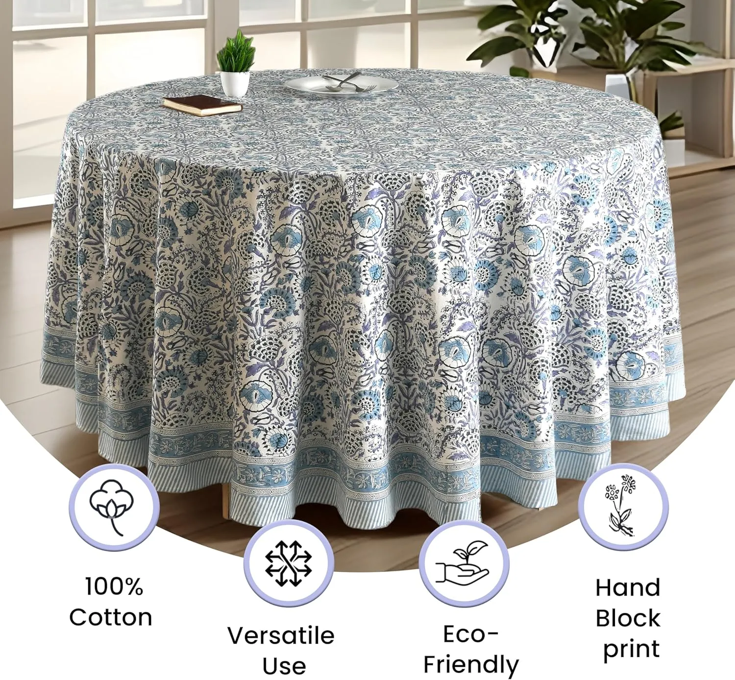CPC Round Tablecloth- Cotton Indian Block Print Tablecloth -Handmade Printed Washable Cotton Table Cloth - Spring/Summer, Weding Table Cover - Indigo Blue 110 Inch