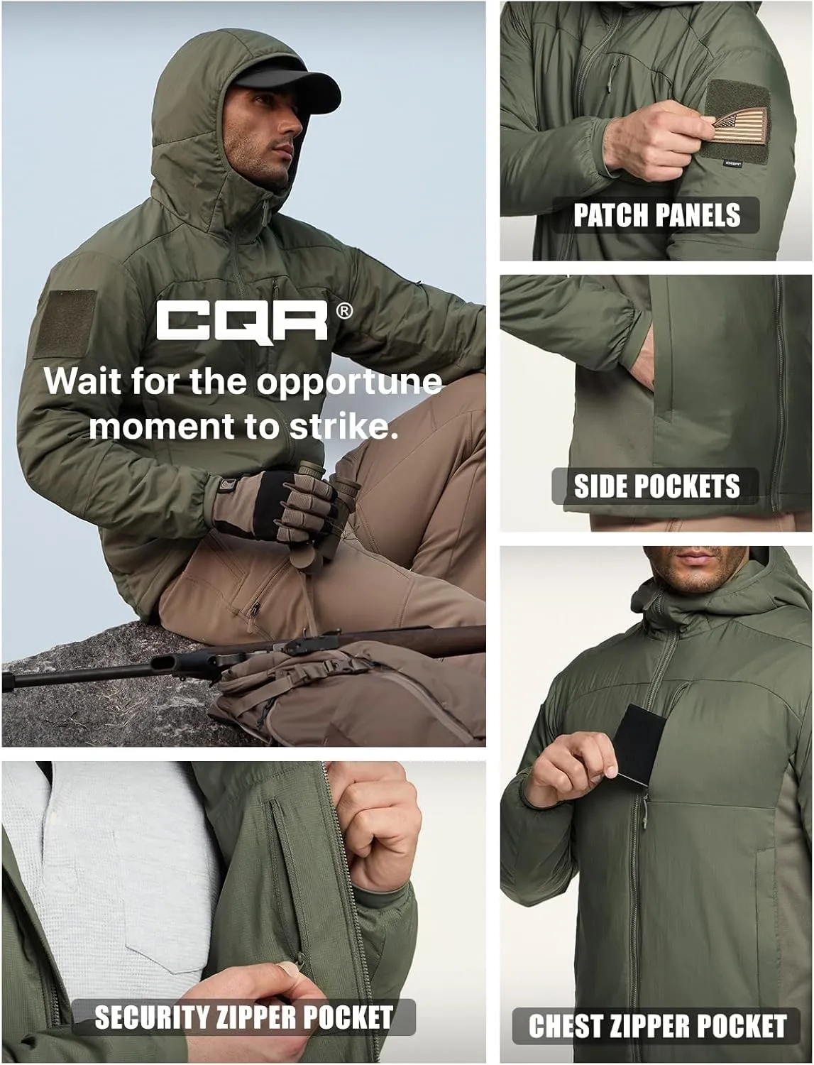 CQR Men's Insulated Hooded Tactical Jacket, Lightweight Mid-Layer Warm Hoodie, Water Resistant Full Zip Hiking Work Coat