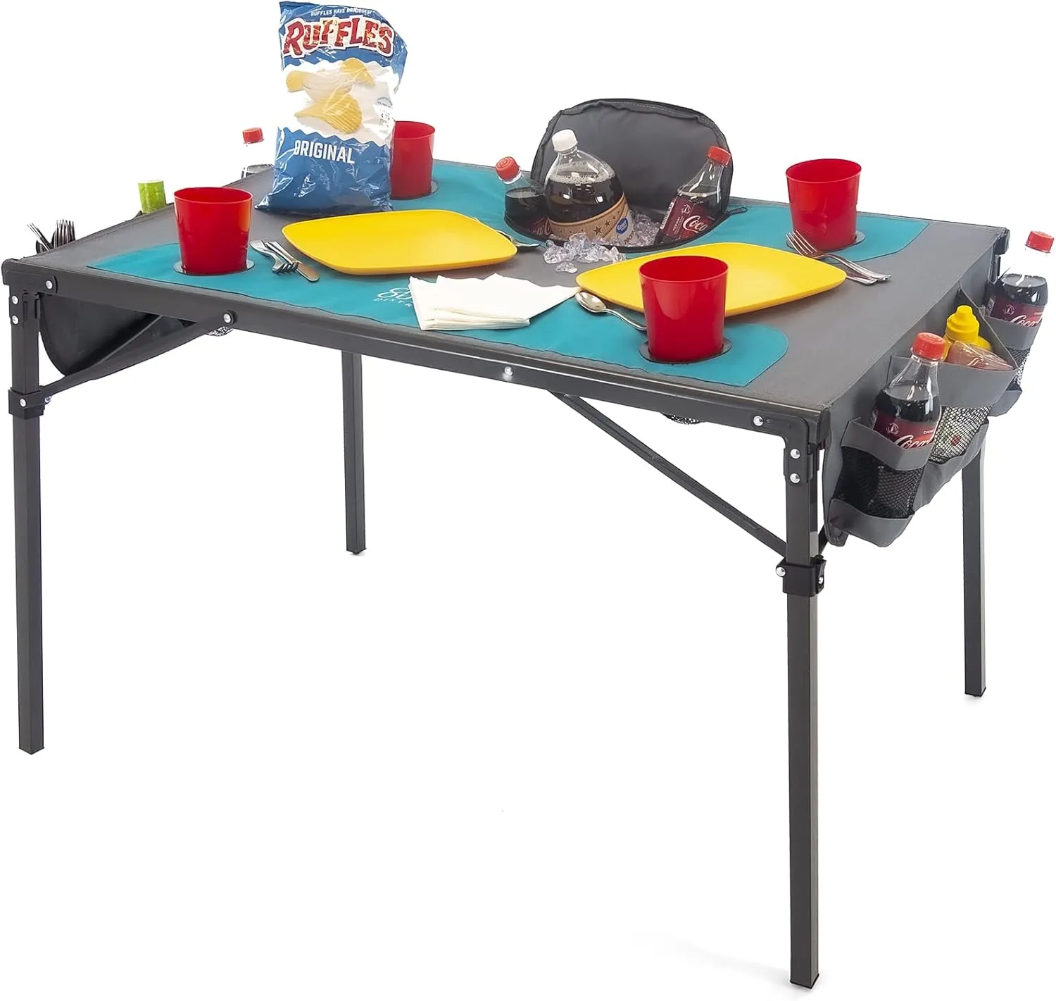 Creative Outdoors Folding Table with Built-in Cooler - Outdoor Portable Camping Table with 4 Cup Holders and Durable Steel Frame - Quality Material (Teal/Gray)