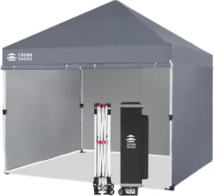 CROWN SHADES 10x10 Pop Up Canopy Tent Instant Commercial 1-Person Setup Patended Centerlock with 400D Fabric, 4 Sidewalls, 4" Wheels, 4 Upgraded Weights, Sto'N Go Bag, Gray