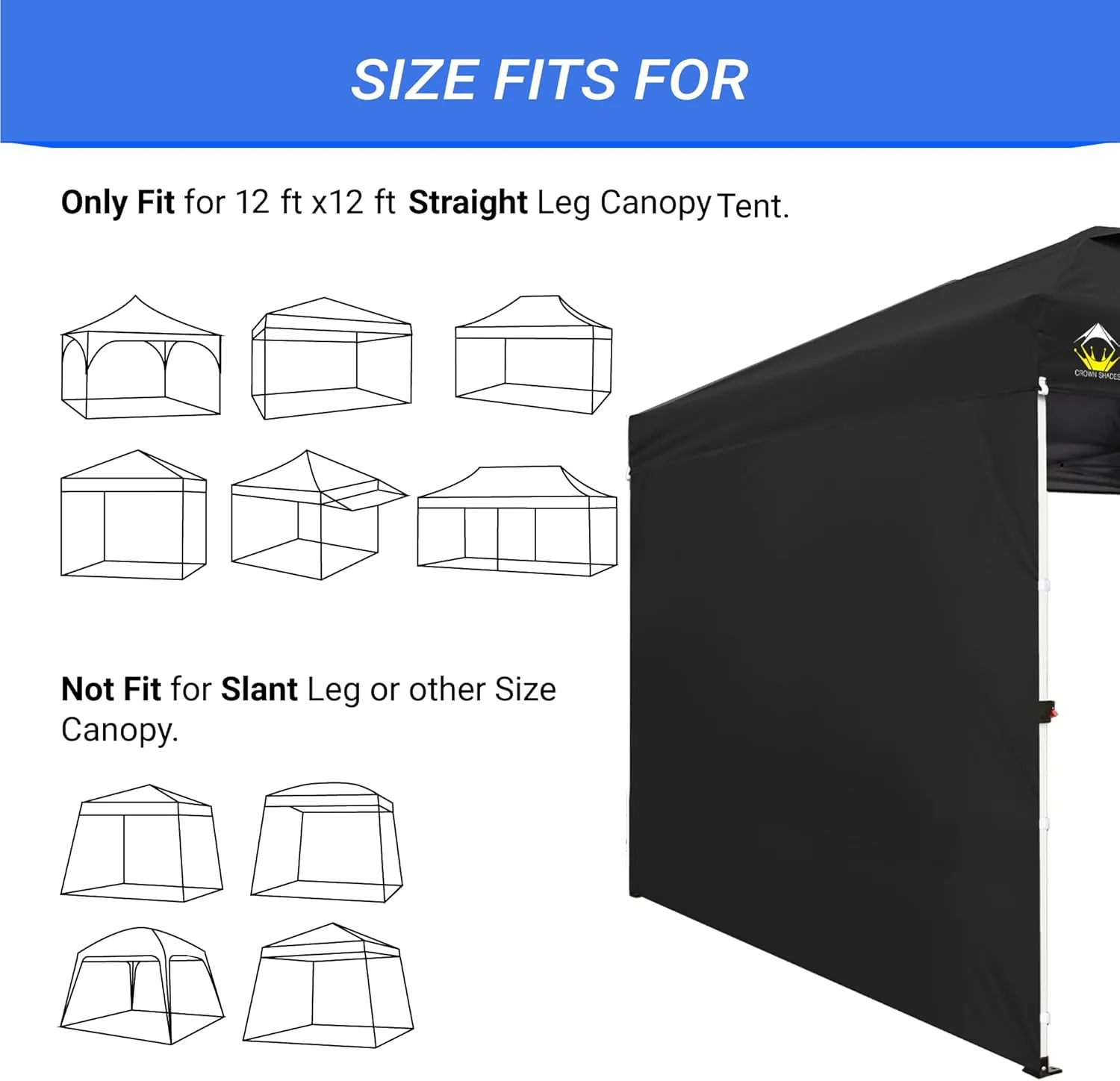 CROWN SHADES SunWall Silver Coated for 12x12 Pop up Canopy Tent, 1 Pack Sidewall Only with Silver Coating (1 Pack, Black)