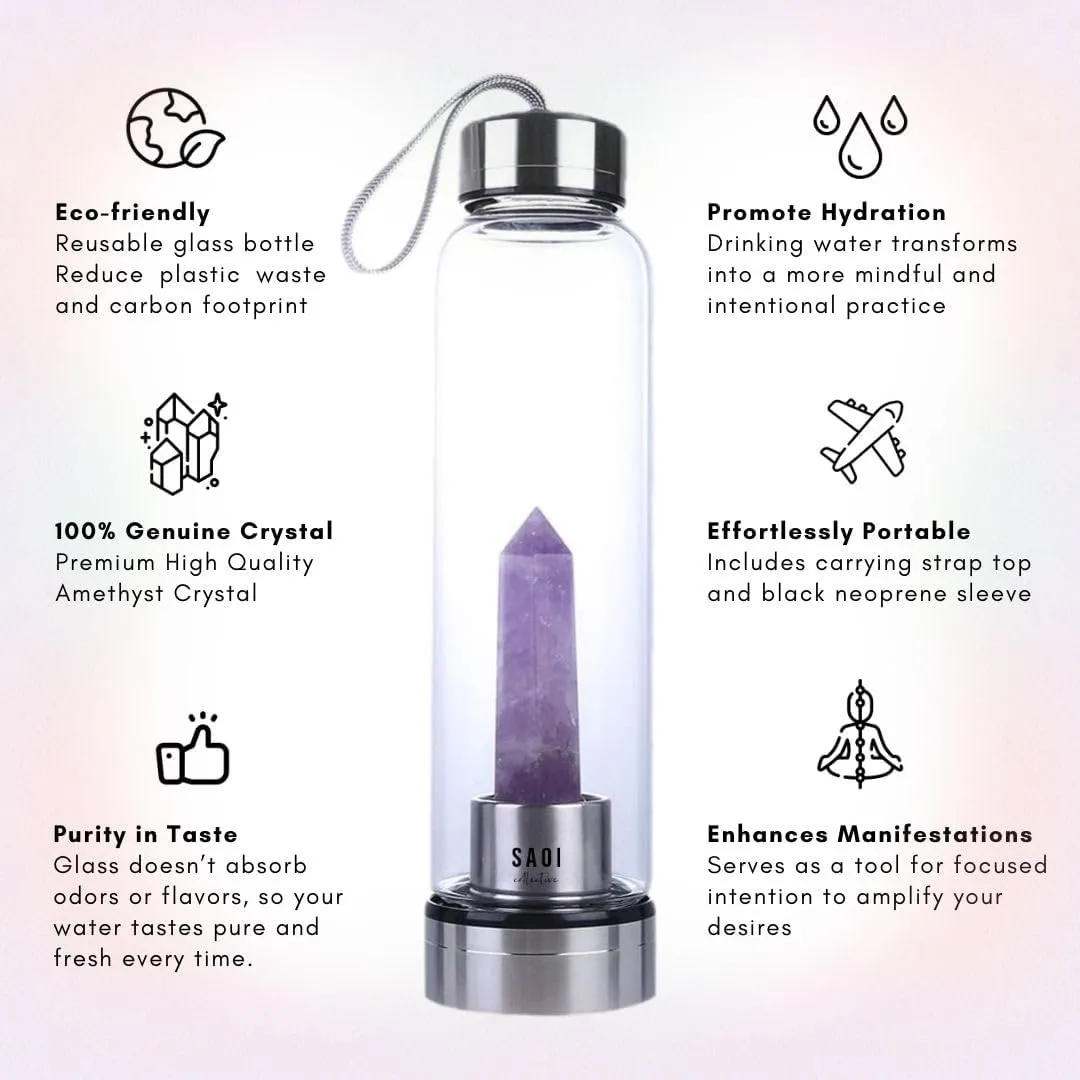 Crystal Water Bottle - Amethyst - Natural Wellness Healing - Glass/Stainless Steel