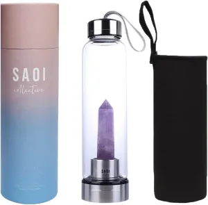 Crystal Water Bottle - Amethyst - Natural Wellness Healing - Glass/Stainless Steel