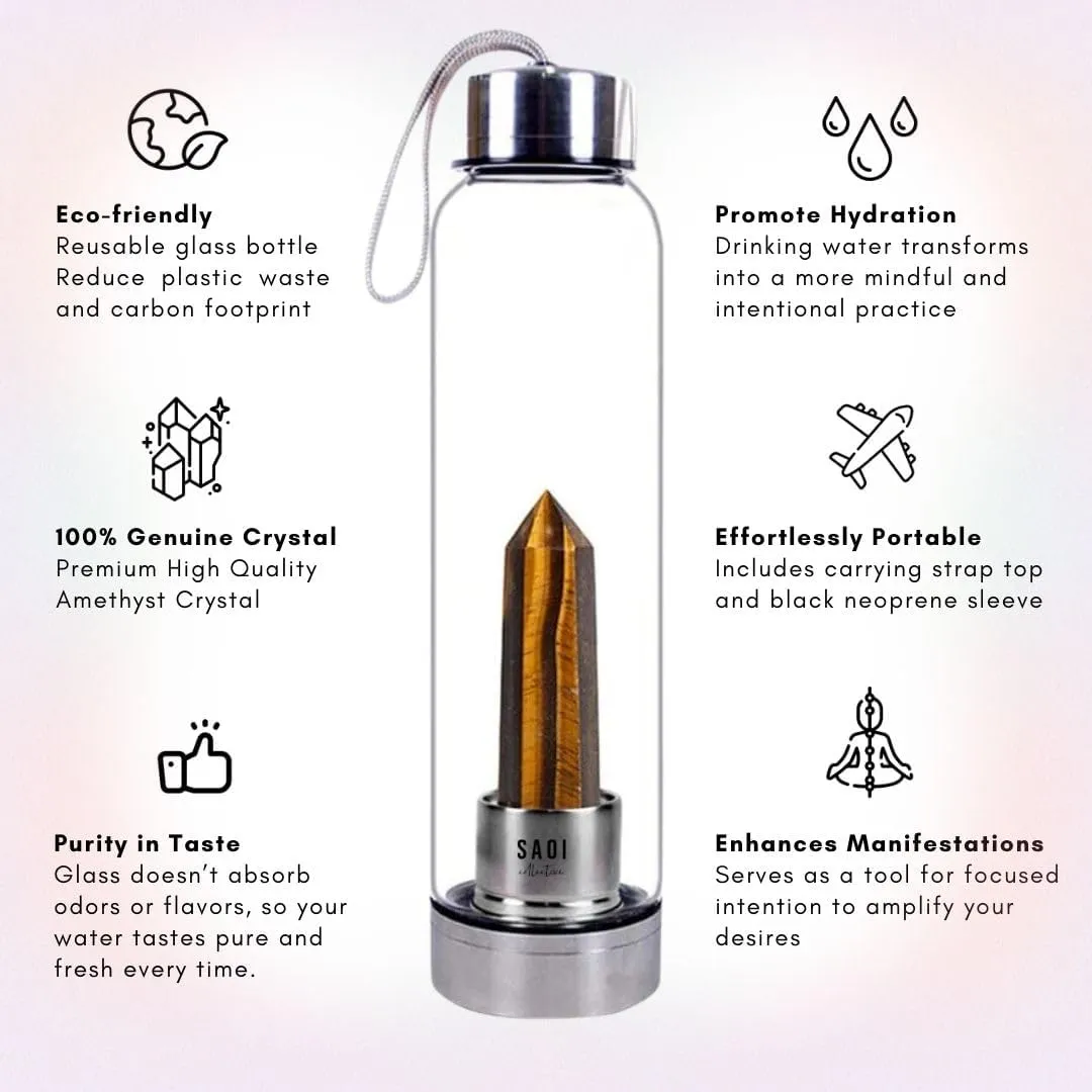 Crystal Water Bottle - Tiger Eye - Natural Wellness Healing - Glass/Stainless Steel