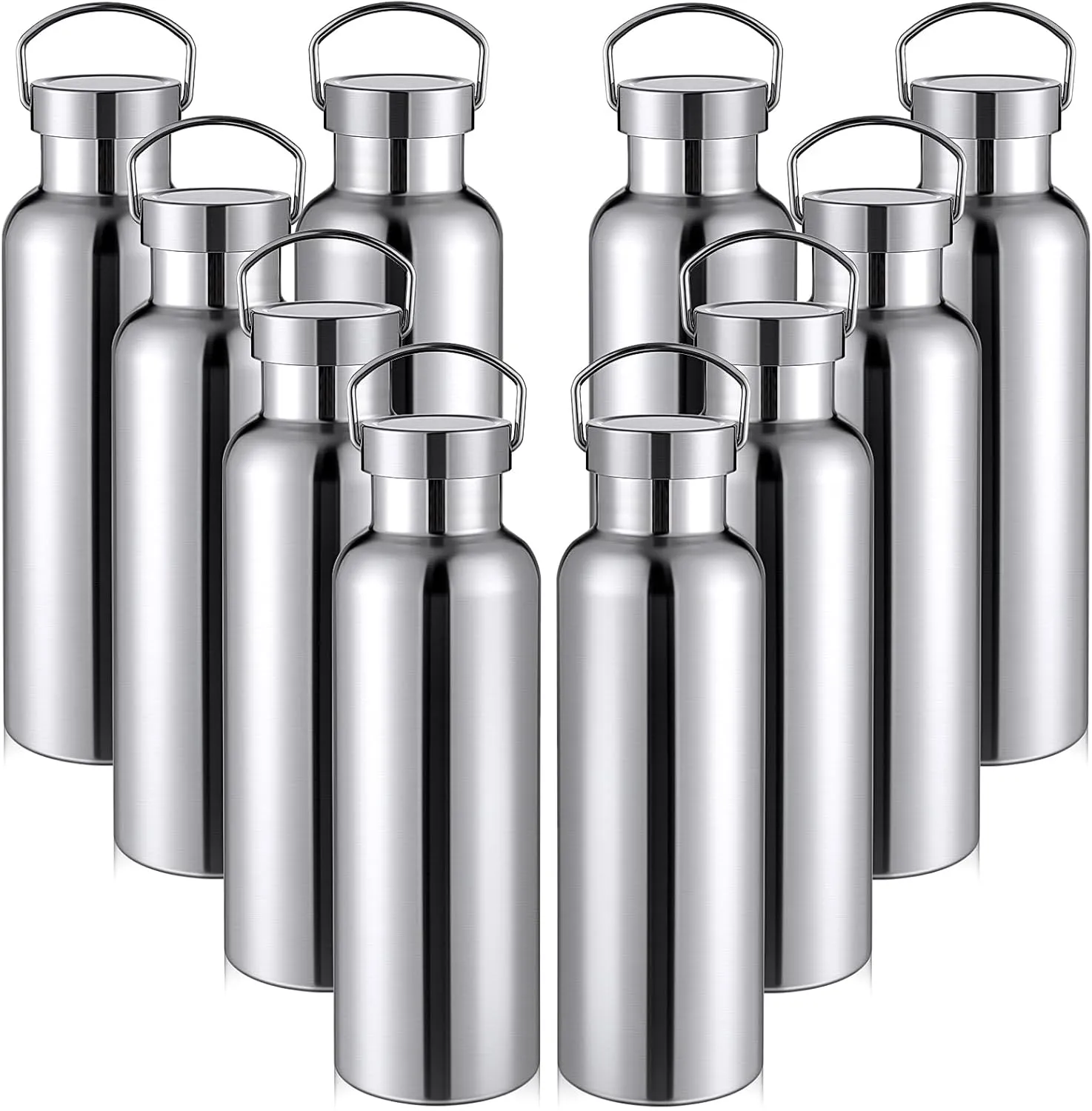 Cunhill 10 Pack Stainless Steel Sports Water Bottle Double Wall Insulated Bottle with Handle and Vacuum Seal Leakproof Lid for Cyclists Runners Hikers Beach Goers Picnics Camping Gift (Silver,25 oz)
