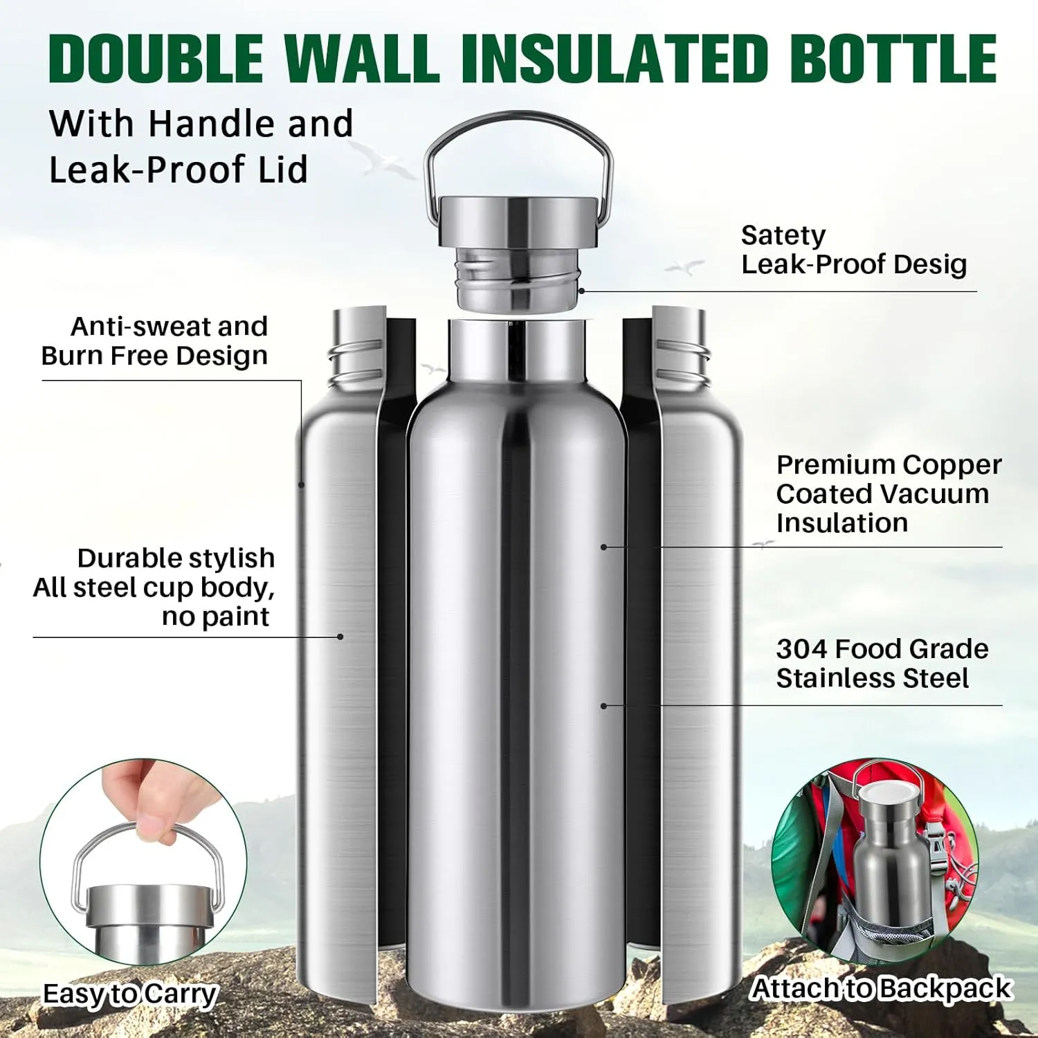 Cunhill 10 Pack Stainless Steel Sports Water Bottle Double Wall Insulated Bottle with Handle and Vacuum Seal Leakproof Lid for Cyclists Runners Hikers Beach Goers Picnics Camping Gift (Silver,25 oz)