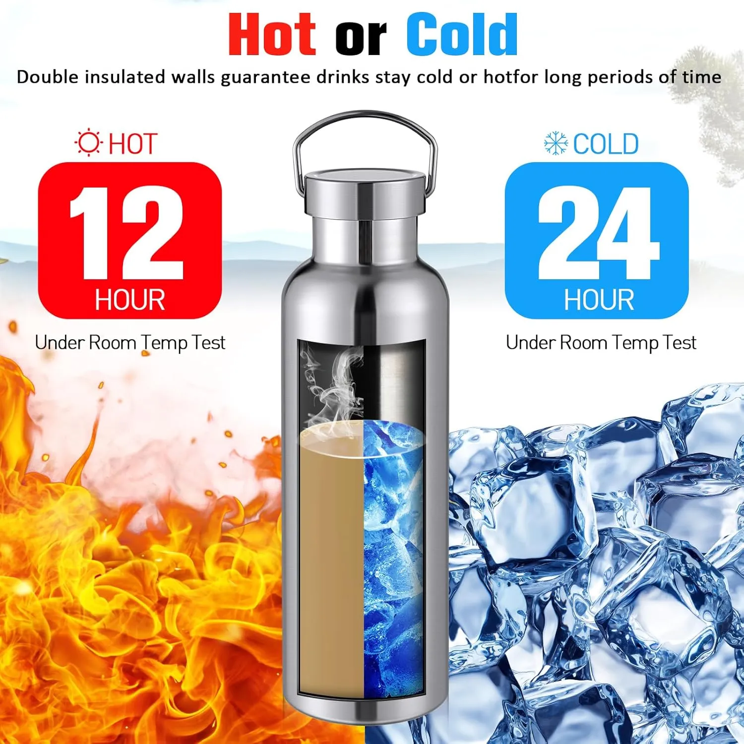 Cunhill 10 Pack Stainless Steel Sports Water Bottle Double Wall Insulated Bottle with Handle and Vacuum Seal Leakproof Lid for Cyclists Runners Hikers Beach Goers Picnics Camping Gift (Silver,25 oz)
