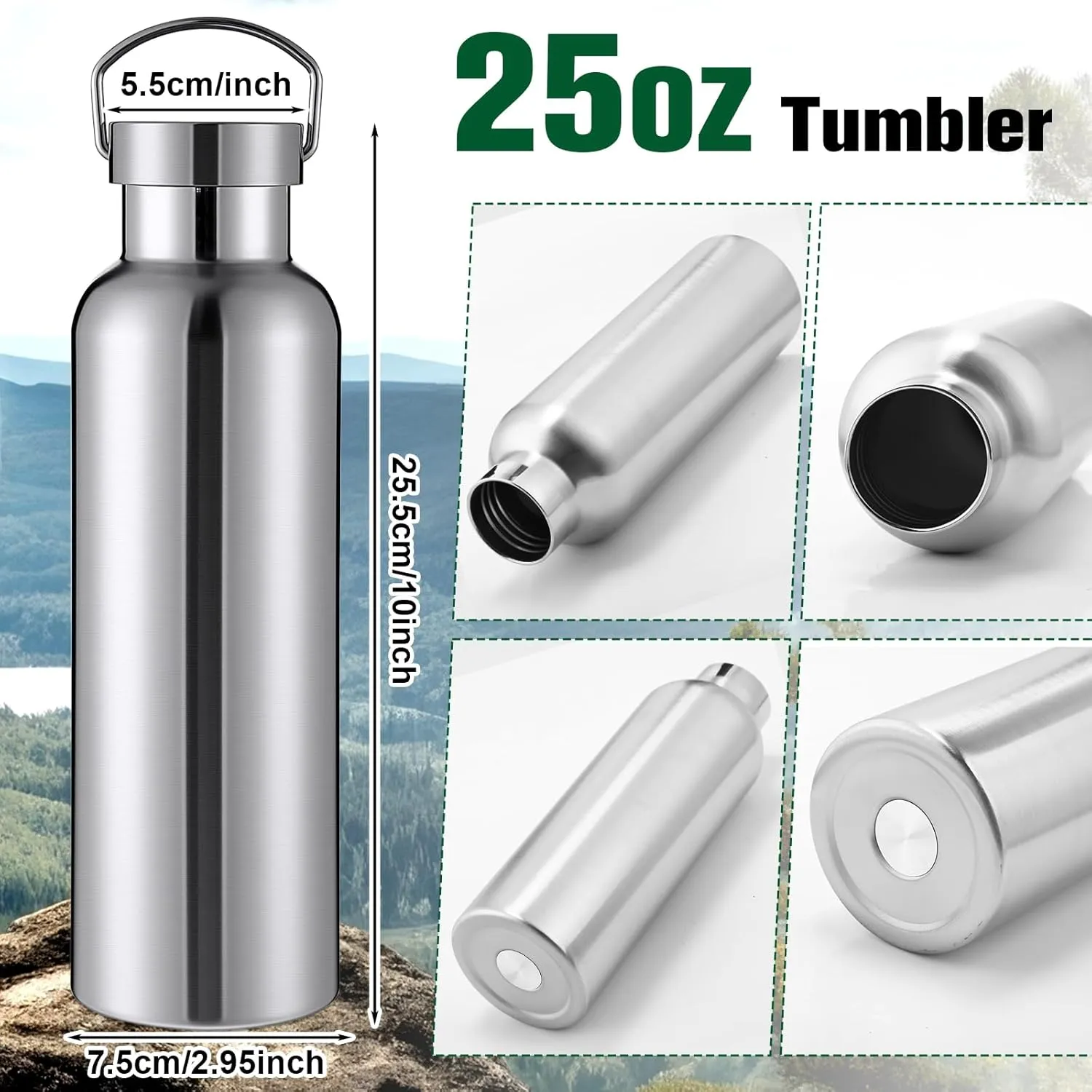 Cunhill 10 Pack Stainless Steel Sports Water Bottle Double Wall Insulated Bottle with Handle and Vacuum Seal Leakproof Lid for Cyclists Runners Hikers Beach Goers Picnics Camping Gift (Silver,25 oz)