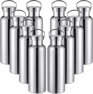 Cunhill 10 Pack Stainless Steel Sports Water Bottle Double Wall Insulated Bottle with Handle and Vacuum Seal Leakproof Lid for Cyclists Runners Hikers Beach Goers Picnics Camping Gift (Silver,25 oz)