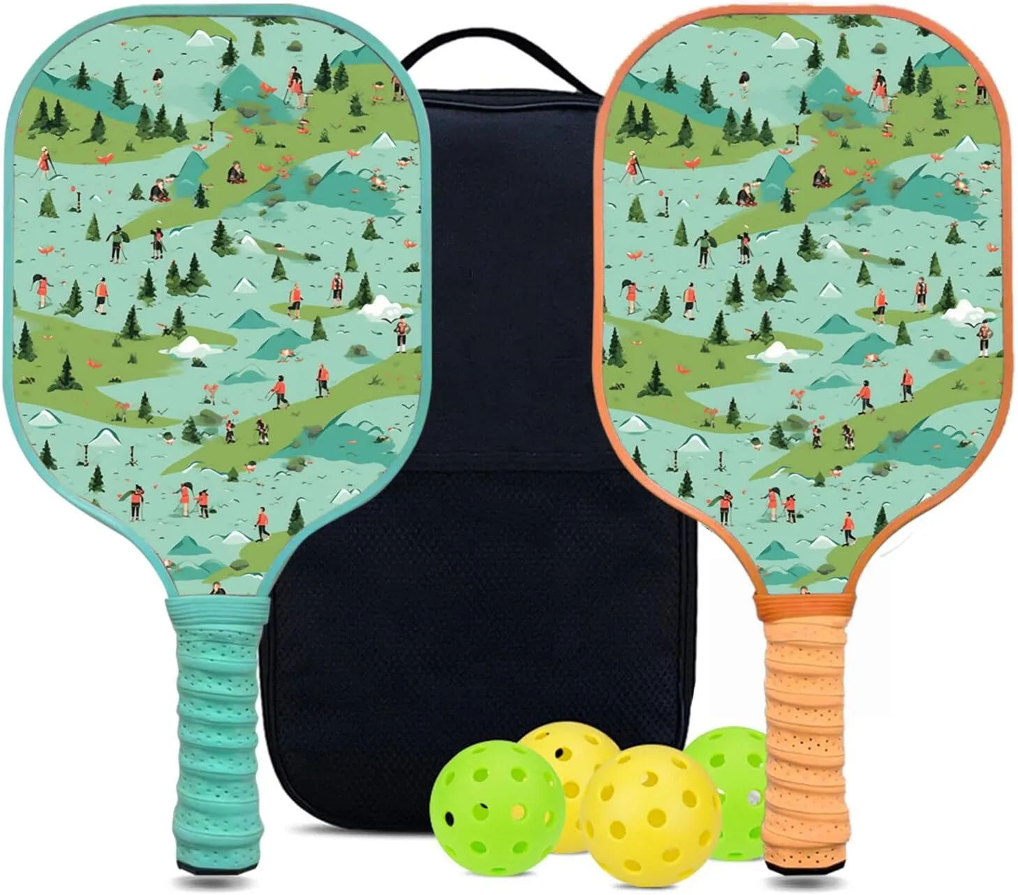 Custom Pickleball Paddles Set with 2 Pickleball Rackets 4 Pickle Balls 1 Carry Bag, Hiking-BJ128 Pattern, Carbon Fiber,Honeycomb Polymer Core & Comfort Grip
