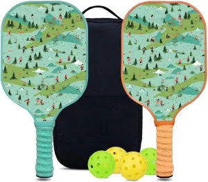 Custom Pickleball Paddles Set with 2 Pickleball Rackets 4 Pickle Balls 1 Carry Bag, Hiking-BJ128 Pattern, Carbon Fiber,Honeycomb Polymer Core & Comfort Grip