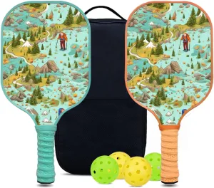 Custom Pickleball Paddles Set with 2 Pickleball Rackets 4 Pickle Balls 1 Carry Bag, Hiking-BJ131 Pattern, Carbon Fiber,Honeycomb Polymer Core & Comfort Grip