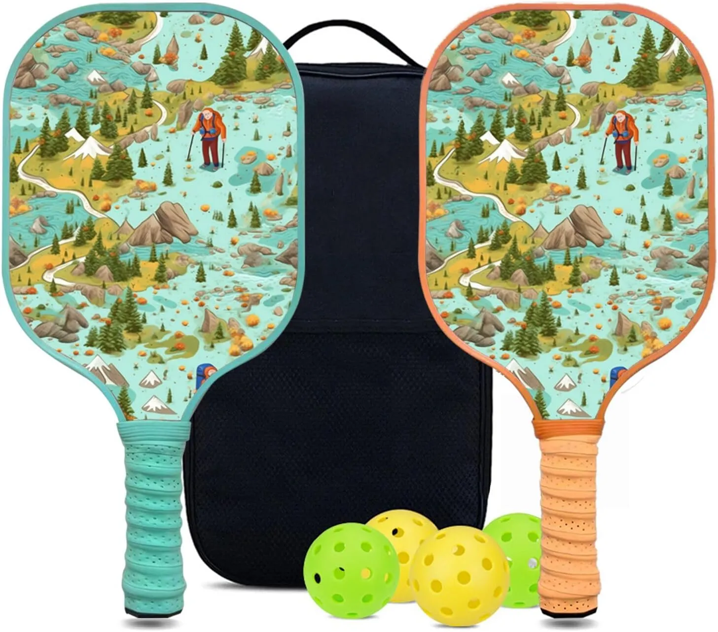 Custom Pickleball Paddles Set with 2 Pickleball Rackets 4 Pickle Balls 1 Carry Bag, Hiking-BJ131 Pattern, Carbon Fiber,Honeycomb Polymer Core & Comfort Grip