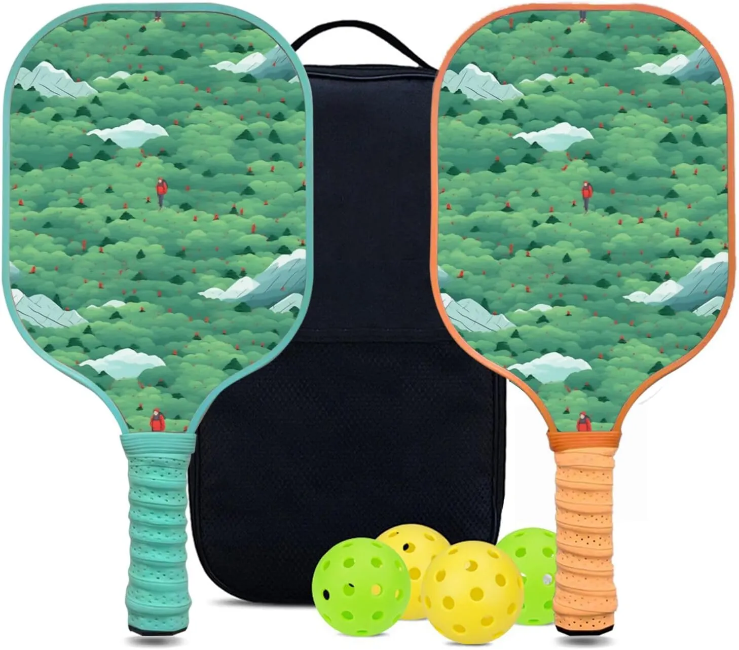 Custom Pickleball Paddles Set with 2 Pickleball Rackets 4 Pickle Balls 1 Carry Bag, Hiking-BJ134 Pattern, Carbon Fiber,Honeycomb Polymer Core & Comfort Grip