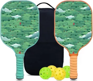 Custom Pickleball Paddles Set with 2 Pickleball Rackets 4 Pickle Balls 1 Carry Bag, Hiking-BJ134 Pattern, Carbon Fiber,Honeycomb Polymer Core & Comfort Grip